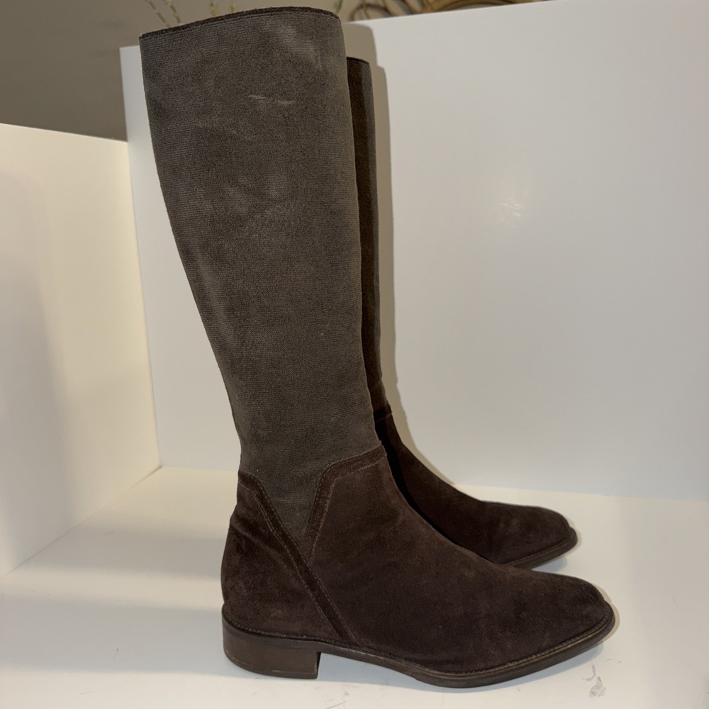 Aquatalia Boots Womens 9 Brown Suede Riding Knee High Elastic Calf Made In Italy